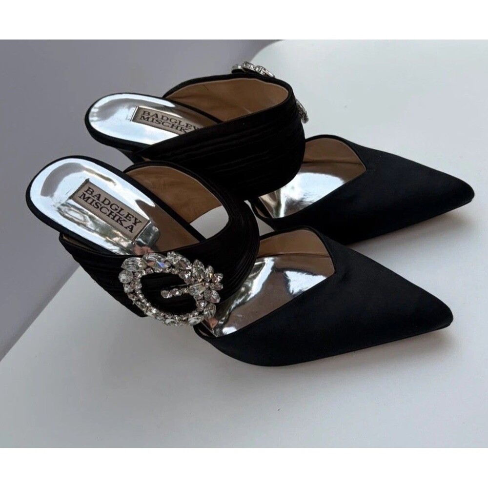 Badgley Mischka Black Rhinestone Buckle Mule Heels Women’s 8.5 Pointed Toe Luxe